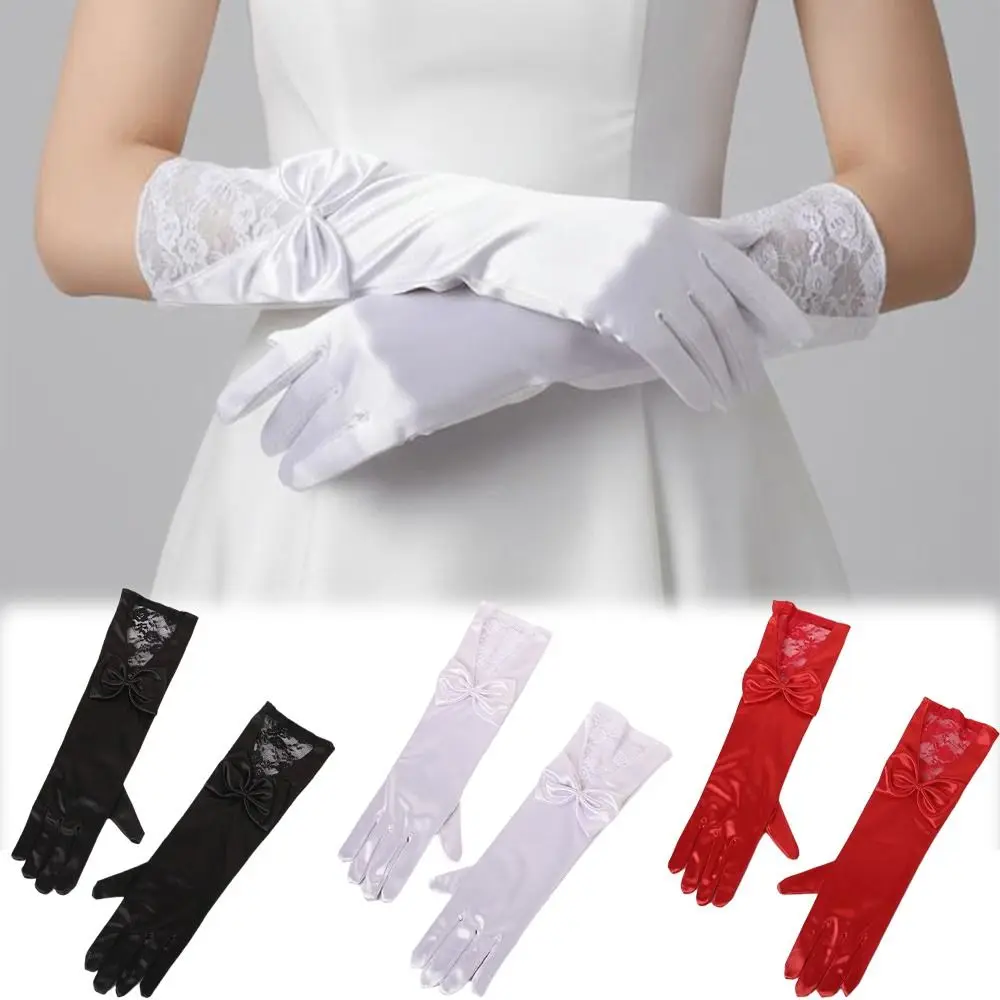 Fashion Bowknot Satin Bride Gloves Lace Trim Long Sleeves Etiquette Gloves Dance Performance Gloves Wedding Dress Accessories