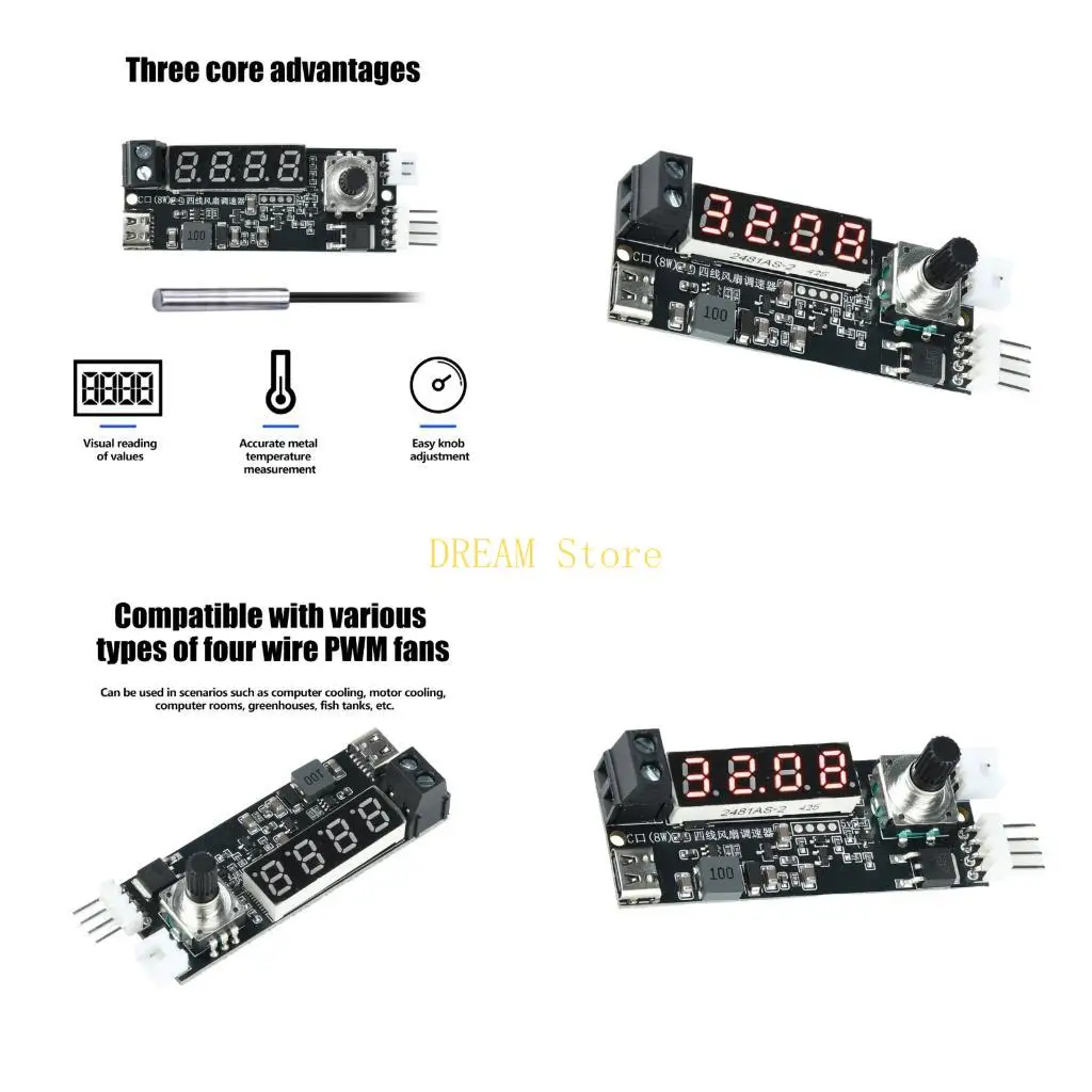 4 Wire Fan Controller Board with Display Screen, Knob Input, and 12V Wire Entry for Equipment Cooling, Cabinet Use, and Heat