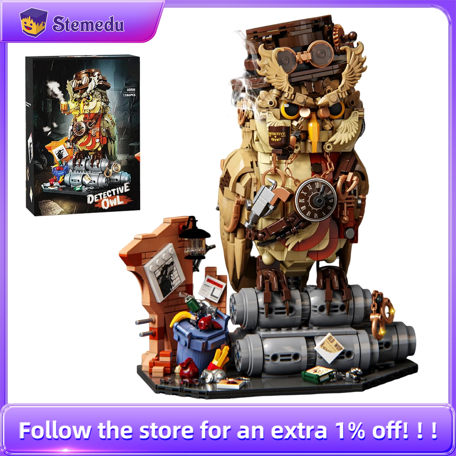 

1286PCS Mechanical Punk Detective Owl Building Block Assembly Model Bricks Desktop Ornaments Excellent Collectibles Holiday Gift
