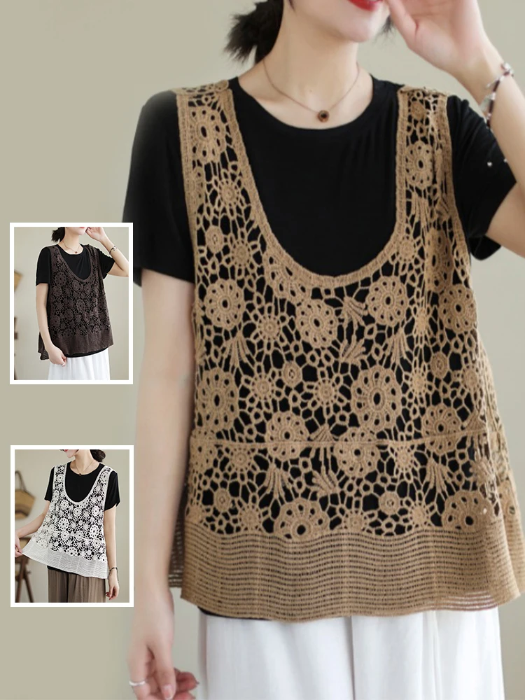 

Retro Pure Color Hollow out Vest U-Ne Oversize Women's Outerwear Casual Slimming Cover up Versatile Floral Embroidery