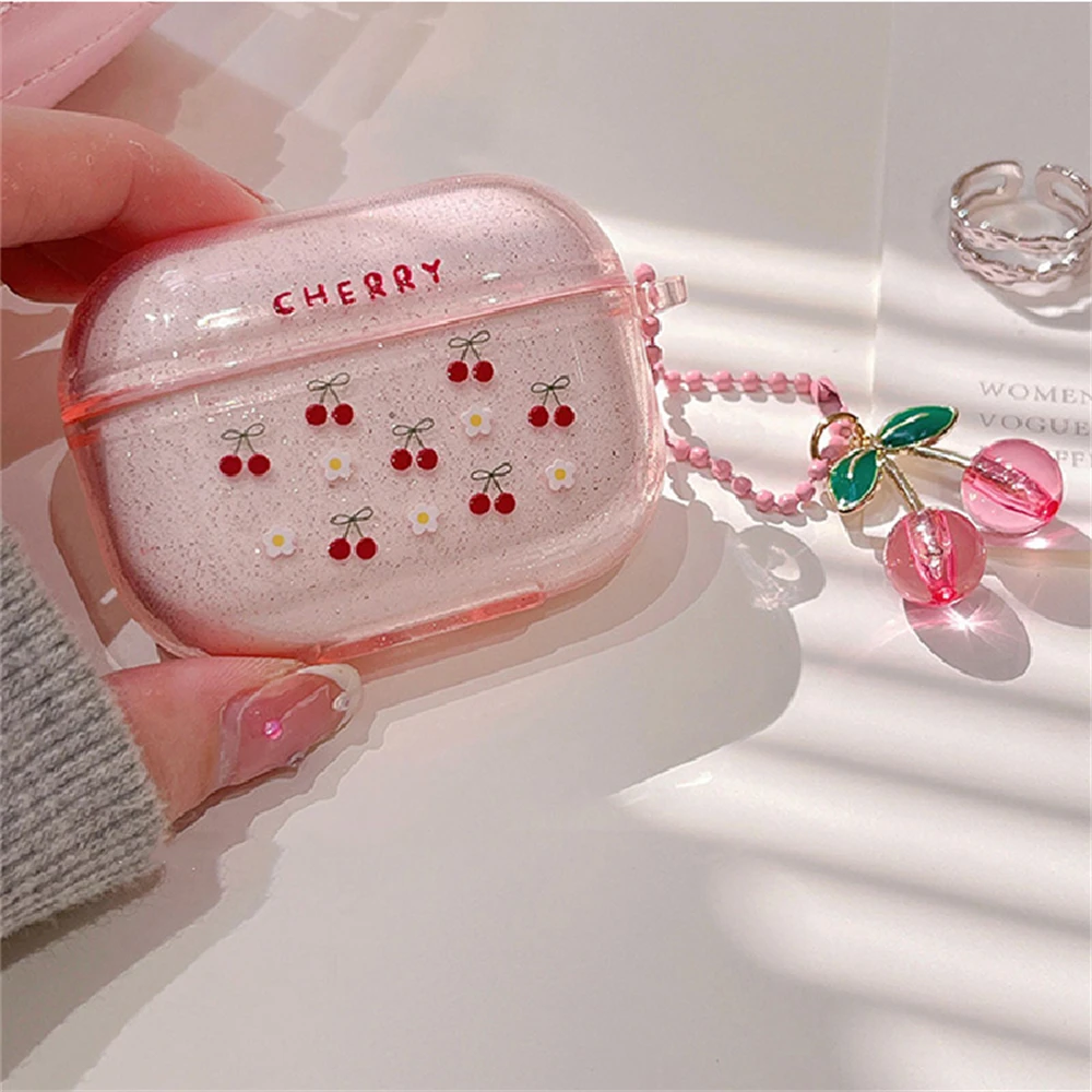 Korean Pink Transparent Glitter Cherry Headphone Case For Airpods Pro 2 With Cute Pendant Protection Case For Airpods 1 2 3