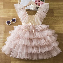 Summer Baby Girls Dress for Kids Lace Princess V-Back Mesh Layers Dress Little Girl Ceremonies Dress Wedding Party Elegant Frock