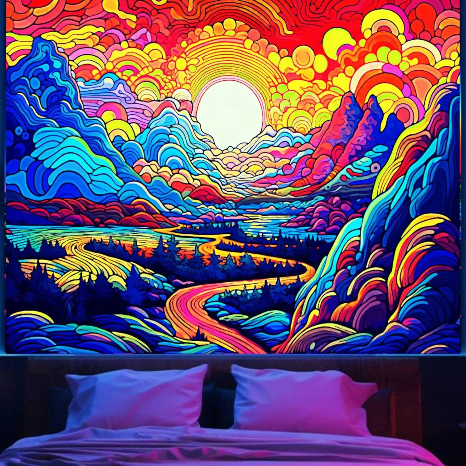 Psychedelic Trippy Tapestry, Vibrant Colorful Mountain River Print Large Wall Art for Cozy Bedroom Living Room Dorm Aesthetic