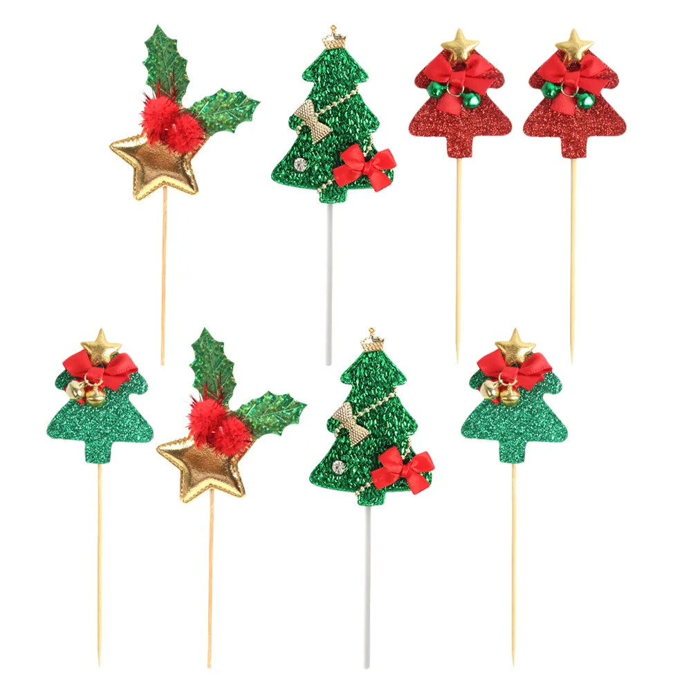 

8Pcs Christmas Tree Cake Topper Set Exquisite Insert Cards for Party Birthday Holiday Dessert Decoration Cupcake Insert Cards
