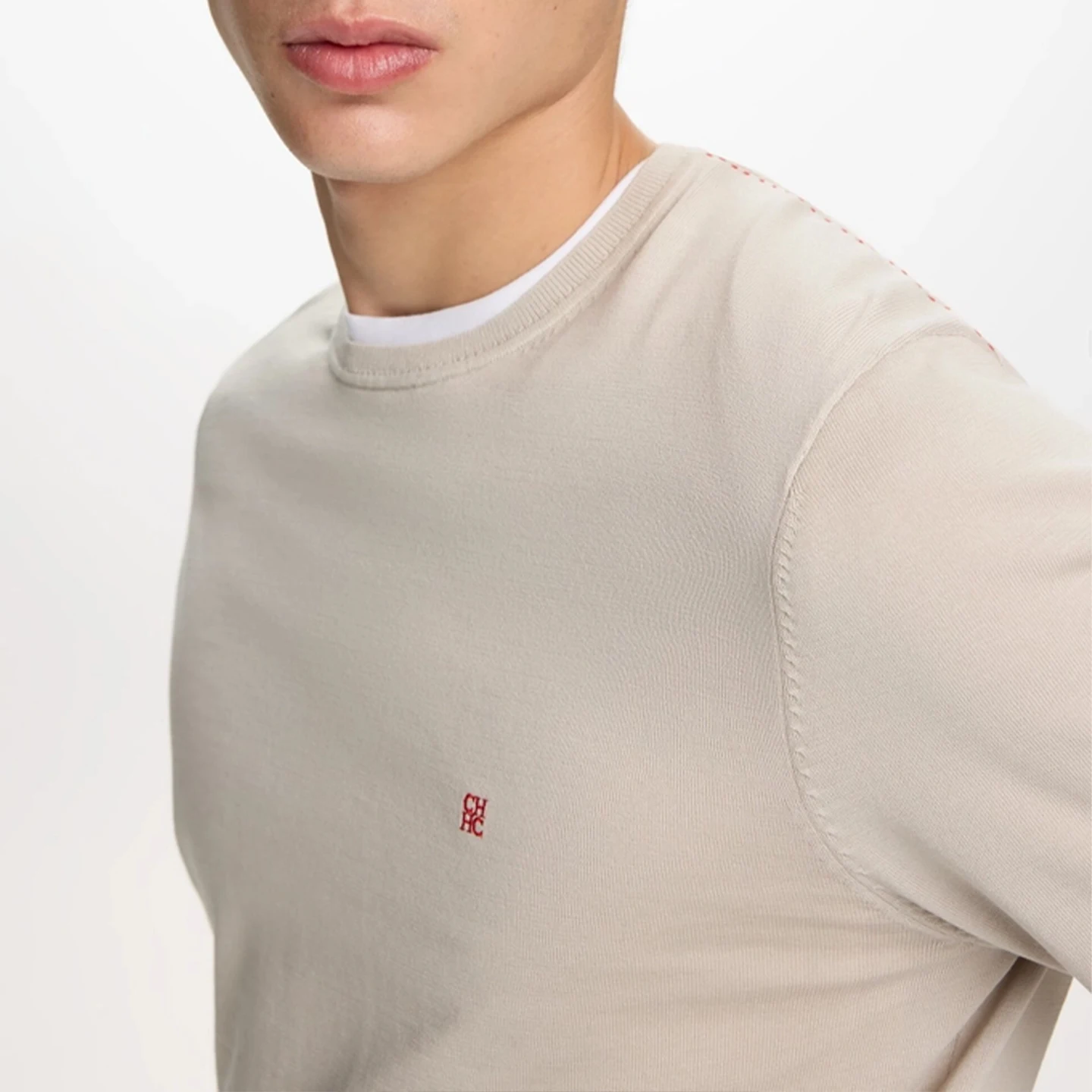 CH Men's  Crew Neck Sweater Slim Fit Long Sleeve Knit Pullover with Red Embroidery Business Casual Top