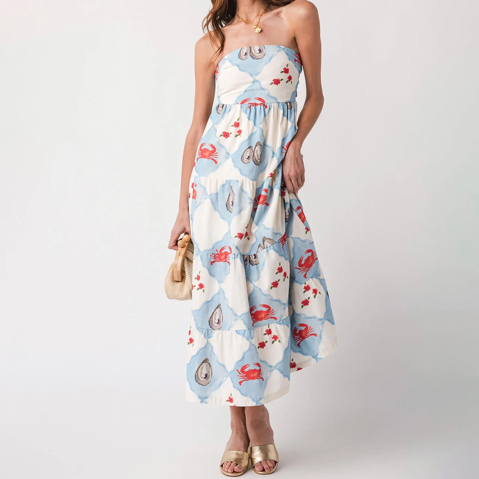 ผู้หญิงฤดูร้อนสไตล์ชายหาดแขนกุด Vestidos ชุดดอกไม้กุ้งก้ามกรามพิมพ์กลับ Bowknot Strapless Flowy ชุดยาว