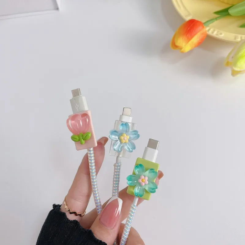 Colorful Flowers Cable Protector Cute Charger Protector Cable Winder Organizer Data Line Cord Protective Cover For iPhone Type C