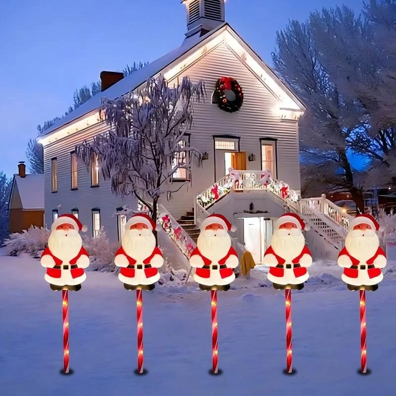 Solar Powered Santa Claus LED Garden Stake Lights 5 In 1 Outdoor Lawn Pathway Lamp Christmas New Year Yard Decorative Lighting