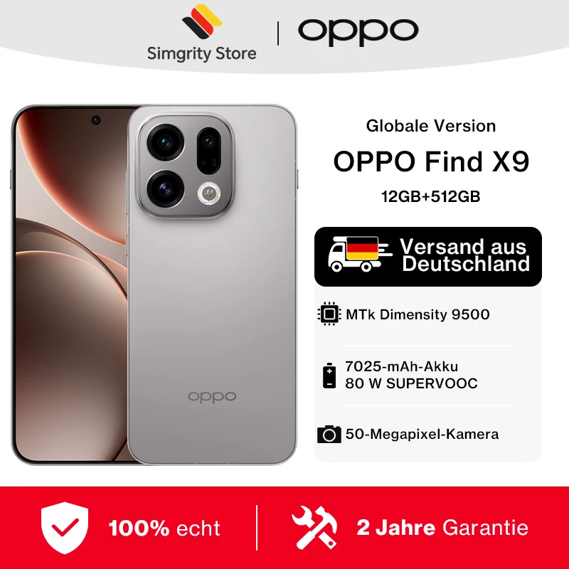 هاتف OPPO Find X9 الذكي 12 جيجابايت + 512 جيجابايت أندرويد 5 جيجا، بطارية MediaTek Dimensity 9500، 7025 مللي أمبير في الساعة 80 وات SUPERVOOC، 6.59 بوصة 2760 × 1256 بكسل كاميرا OIS 50 ميجابكسل، NFC/Wi-Fi 7/Bluetooth 6.0 #1