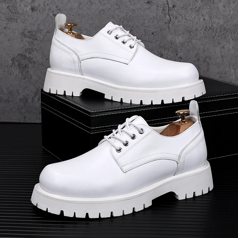 

mens fashion wedding party dress genuine leather shoes lace-up platform shoe breathable black white sneakers gentleman footwear