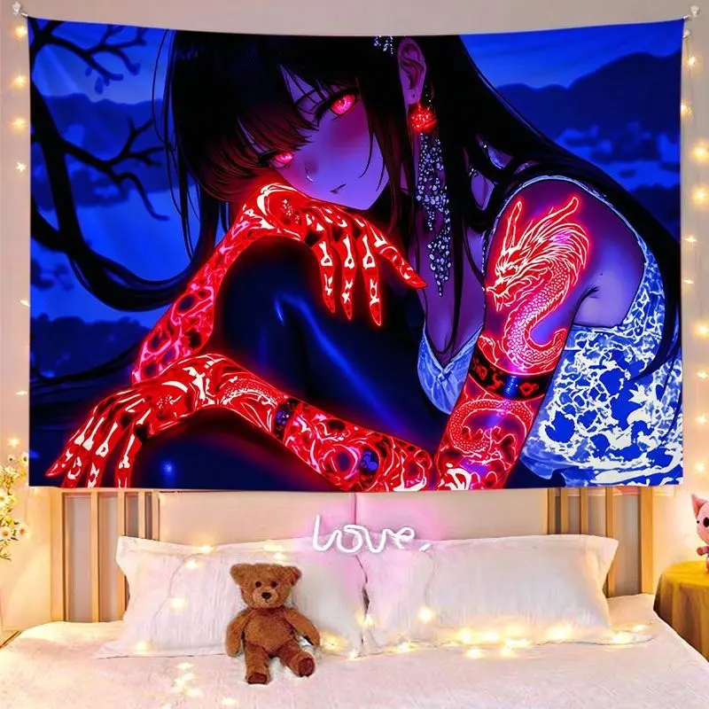 VIKAMA Pink Neon Anime Girl Rose Tattoo Decorative Wall Tapestry Home Art Room Decor Bedroom Dorm Blacklight Cool Soft Durable