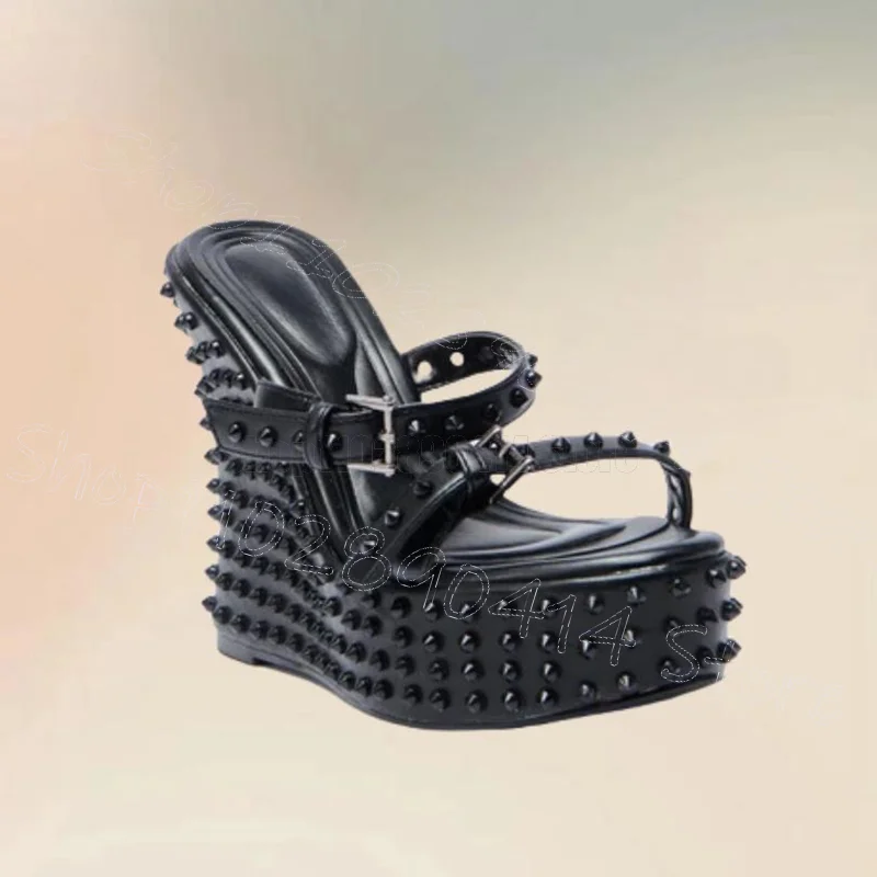 

Black Spikes Buckle Wedges Heel Platform Slippers Slip On Women Shoes Open Toe Sexy Party Feast Dating 2025 Zapatos Para Mujere