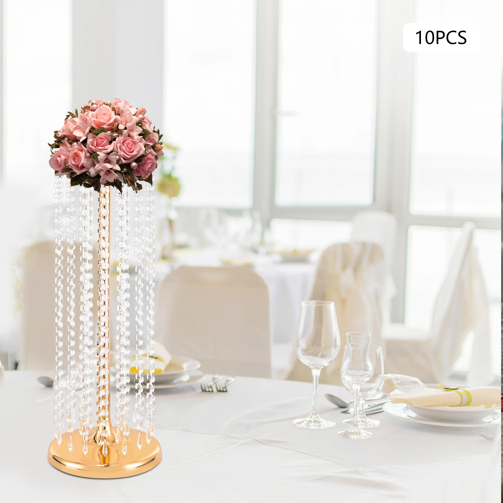 10PCS Flower Centerpieces Vases Free Standing Cylinder Wedding Decoration Flower Stand Crystal W/Hand Acrylic Beaded for Party