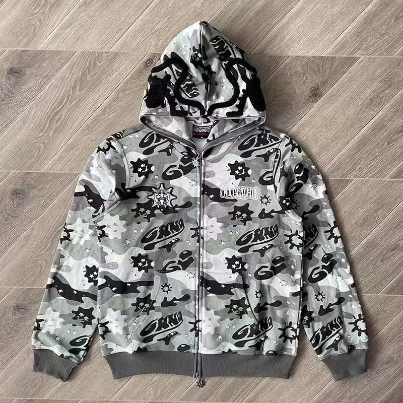 Real Picture Autumn Couple Zip Up Sweatshirts Beverage Cartoon Camouflage Print Embroidered Glo Gang The Glory Casual Hoody