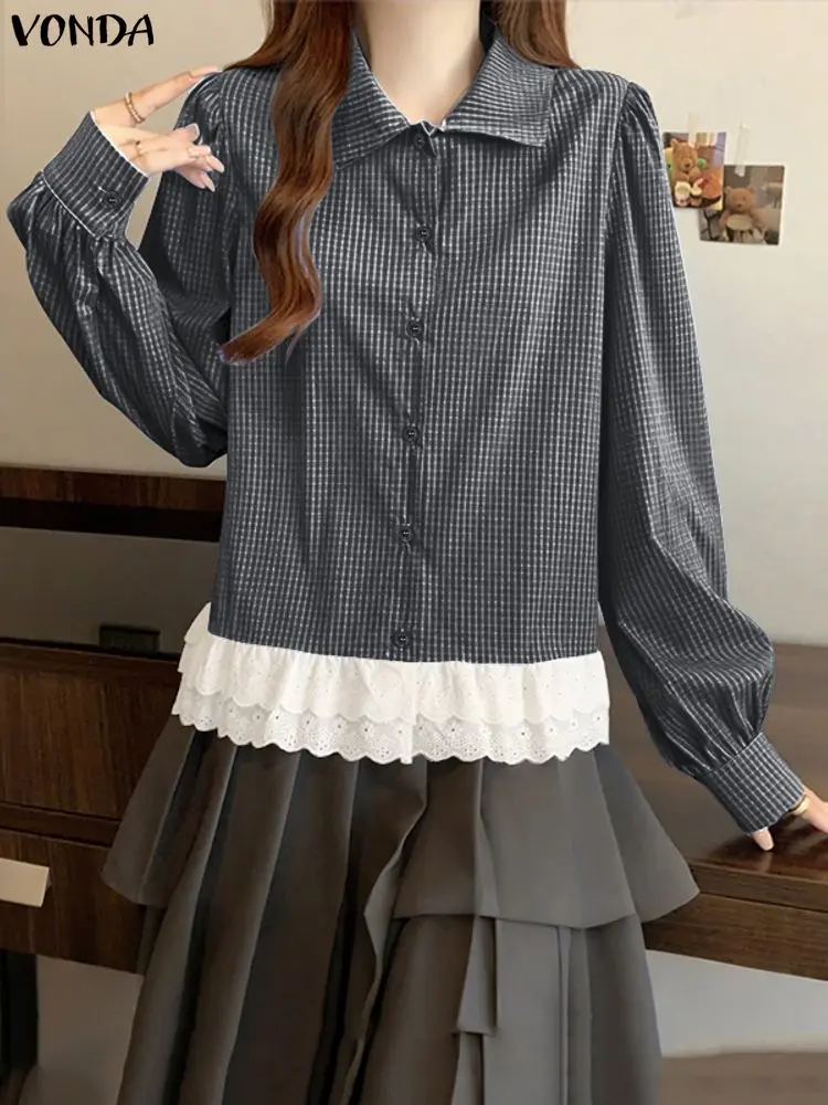Vonda Elegante Lange Mouwen Damesmode Geruite Blouse 2025, Herfst Kant Patchwork Knop Stijlvolle Koreaanse Tops Tuniek Blusas