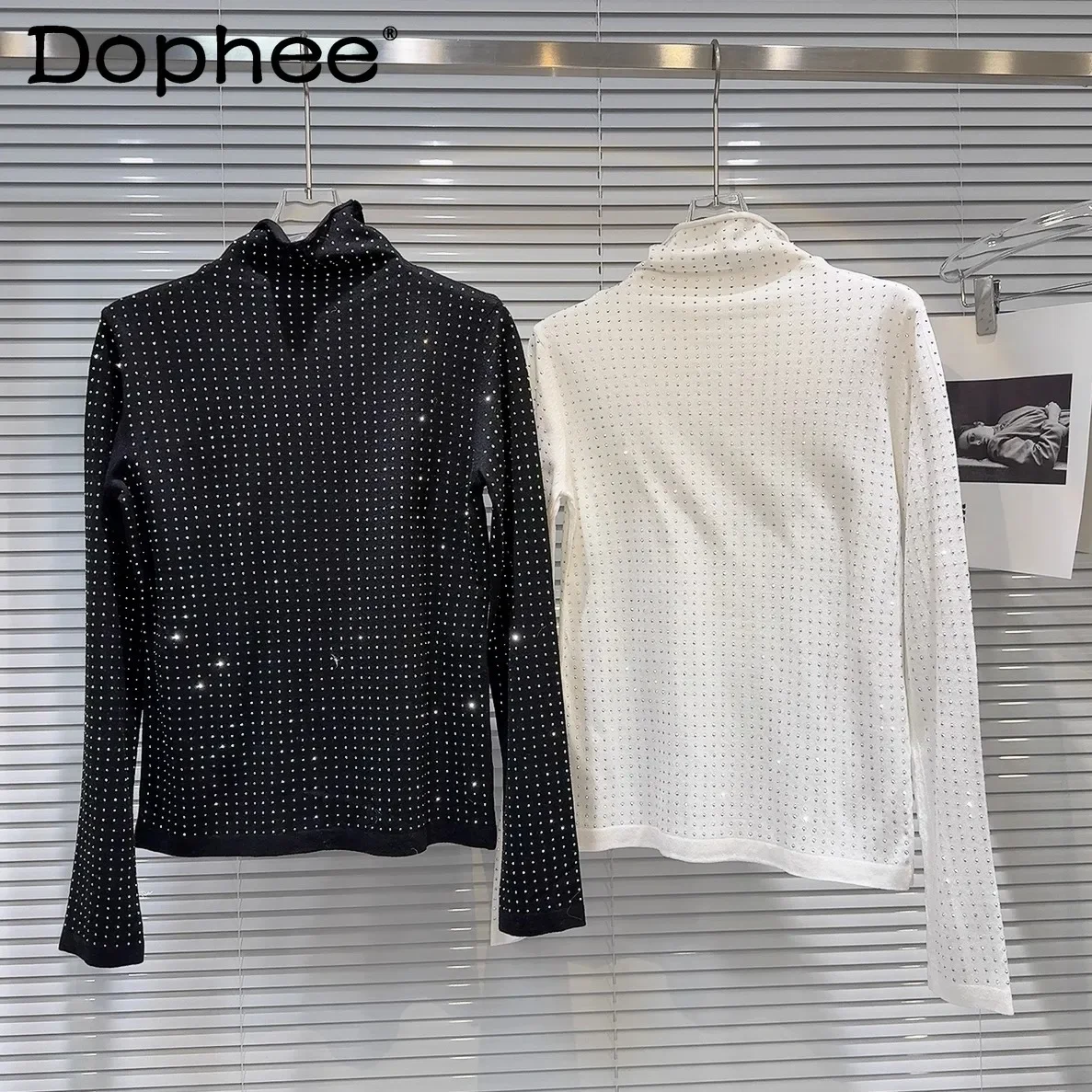 Solid Color Hot Diamond Bottoming Shirt Autumn and Winter New Celebrity Turtleneck Long-sleeved T-shirt Black and White Tops