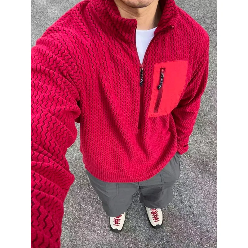 Autumn and winter warm stand up collar half zip jacket, outdoor casual sports fleece jacket, wave pattern texture for men