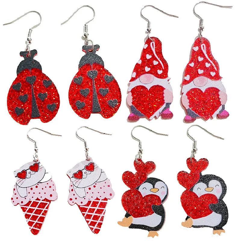 2023  Glitter Acrylic Pink Valentine's Day Animal Fun Cute Earrings Dwarf Jewelry for Women Girl