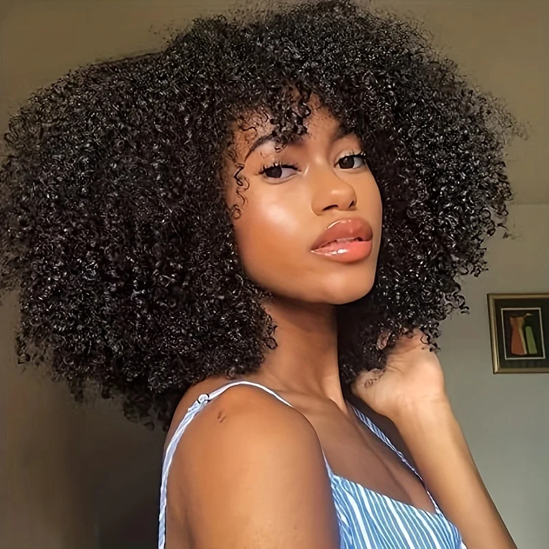 

Afro Kinky Cruly Wig With Bangs Human Hair 12 inch Short Cruly Hair Wigs 180% Density Full Machine Made Natural Color For Women