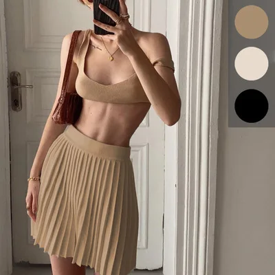 

Sexy Knitted Skirt And Bra Set Women's Faion Spring Summer Two-Piece Ensemble Cotton Fabric Pleated Skirt Set