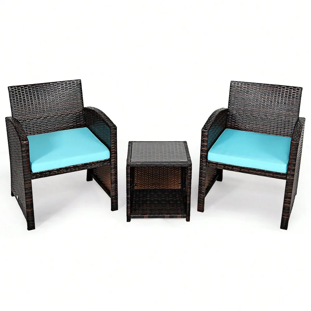 

3PCS Rattan Patio Conversation Furniture Set Yard Outdoor w/ Turquoise Cushions