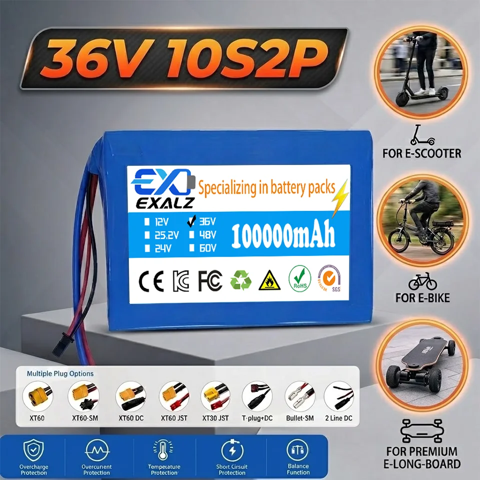 36V Replacement Battery 10S2P 100Ah 18650 Rechargeable Lithium Pack for Hoverboard 2-Wheel Skateboard Ultra Thin XT60