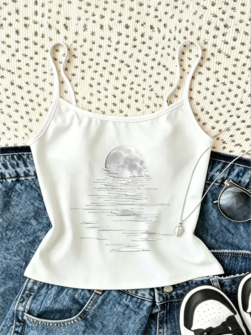 Grunge Y2k Camisole Top Retro Vintage Moon Print Casual Crop Top Vest Punk Spring Summer 90s Women'S Tank Top