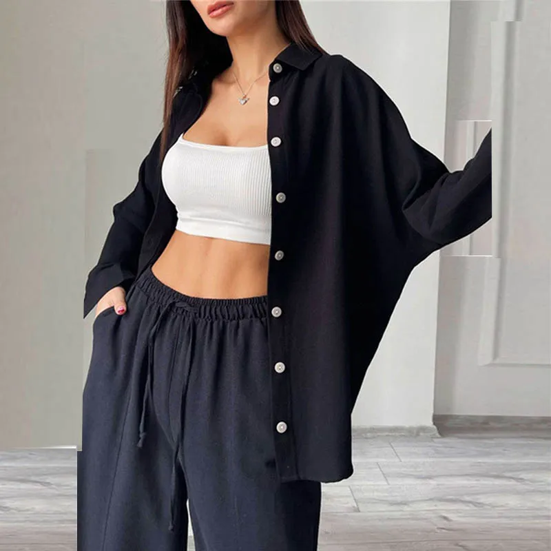 Women Solid color Shirt set Elegant Summer Fashion Long sleeve Buttons blouse + waist Wide Leg long Pants two Piece set outfit