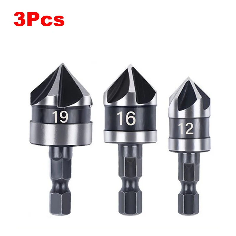 3PCS Countersink Drill Bit Hss Hex Chamfer Five Pears Hexagonal 90 Degrees Boring Drill Shank Carbon Steel Woodworking Tools Set