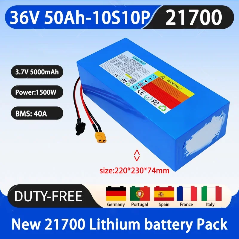 New 36V 50Ah 21700 10S10P A-grade lithium battery with 40A BMS 1500W, suitable for outdoor energy storage rechargeable batteries