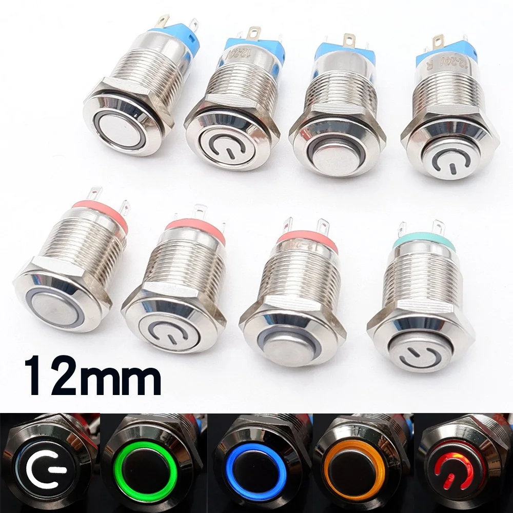 12mm Metal Button Switch LED Light Waterproof Self-Locking Self Resetting 12V 5V 220V High Flat Head Red Yellow Blue White Green