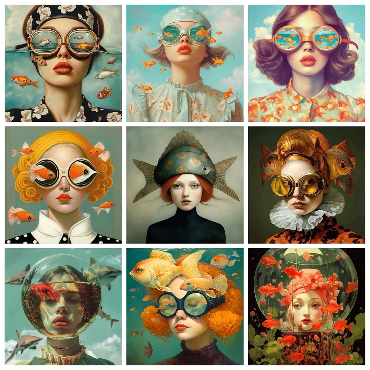 

Surrealism Woman Portrait 1024 PCS Fish And Girl Jigsaw Puzzles Challenging Family Activity Games for Gameroom Bedroom