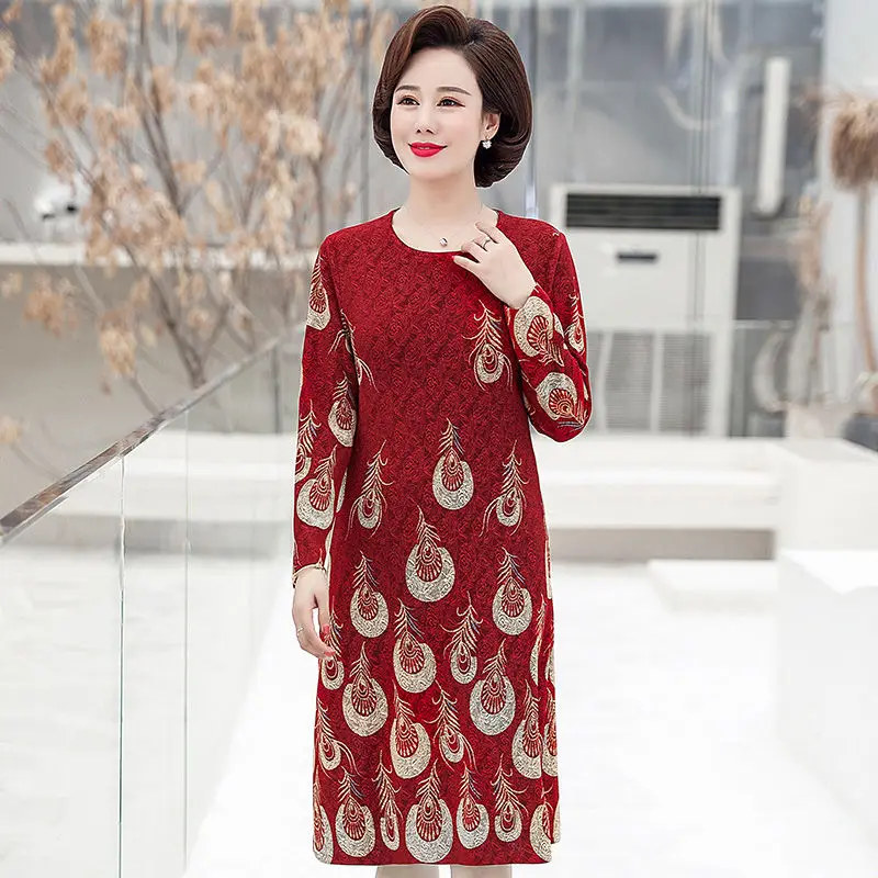 Knitted Dress New Mom Long Sleeve Dress Women\'s Printed Dress