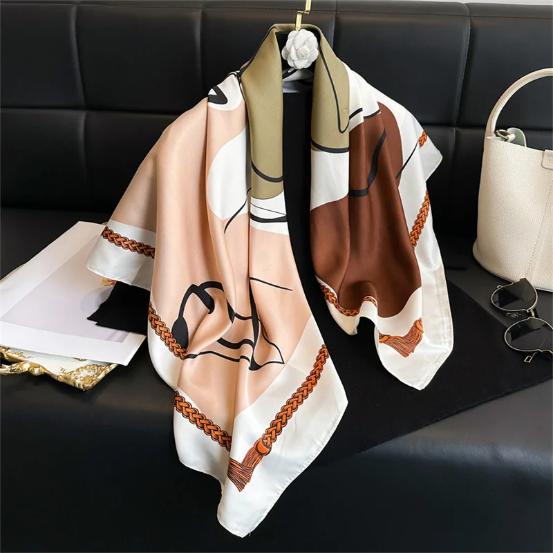 New Simple Printed Silk Scarf 90cm Twill Scarf Women Korean Style Large Square Scarf Sunscreen Shawl Headscarf Female Luxury