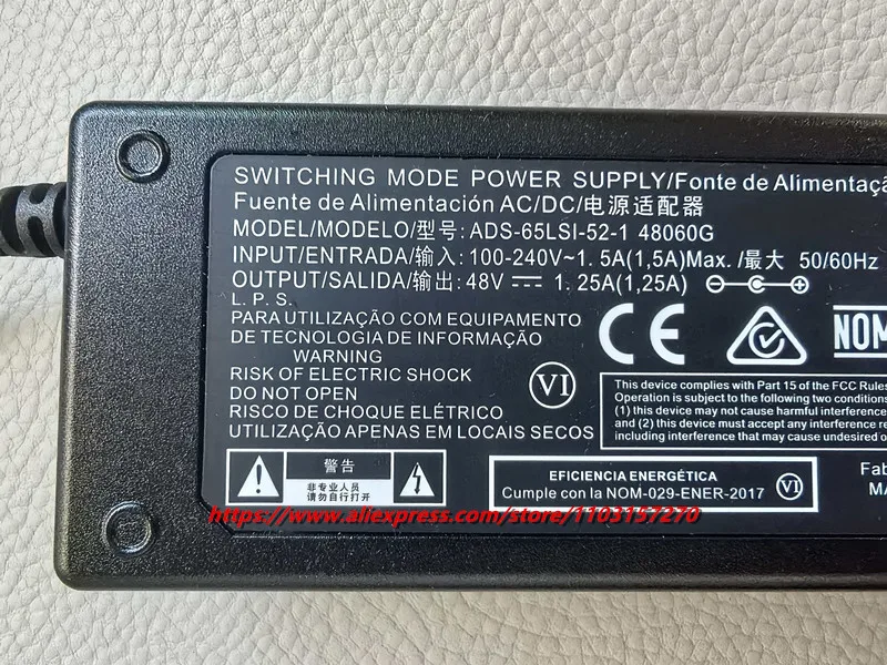 Genuine Hoioto ADS-65LSI-52-1 AC DC Adapter Charger 48V 1.25A 60W ADS-65LSI-52-1 48060G Switching Power Supply 5.5x2.1mm