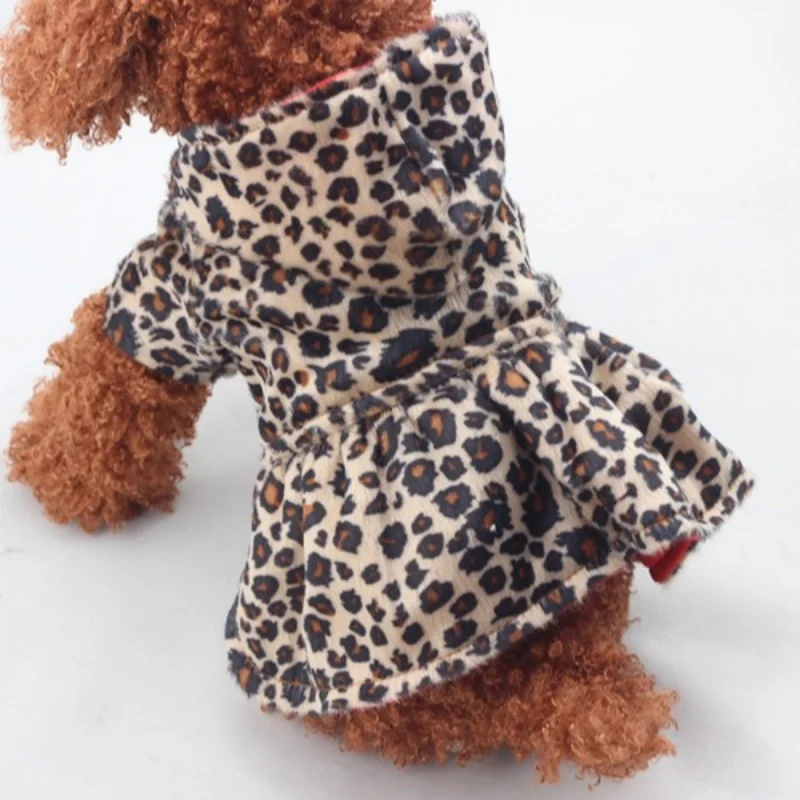 Autumn Winter Puppy Dog Cotton Dress Cute Pet Dogs Leopard Print Costume Tops Cotton Hoodie Clothes Warm Pet Dog Coats Outdoor