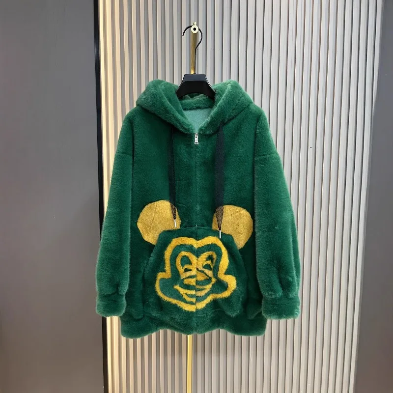 Winter 2025 New European Mink Velvet Color Block Hooded Casual Cartoon Pattern Zipper Jacket Women's Faux Fur Coat Furry Sweater