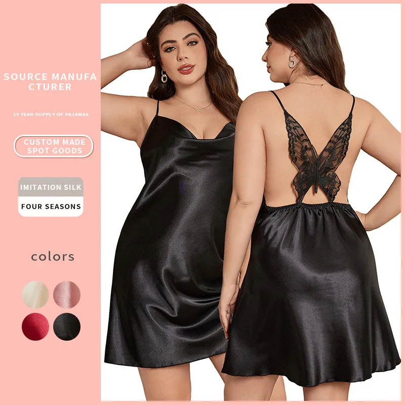 

XL-5XL Plus Size Women's Satin Suspender Nightgown Sexy Butterfly Backless Pajamas Short Dress Solid Strappy Chemise Nightwear