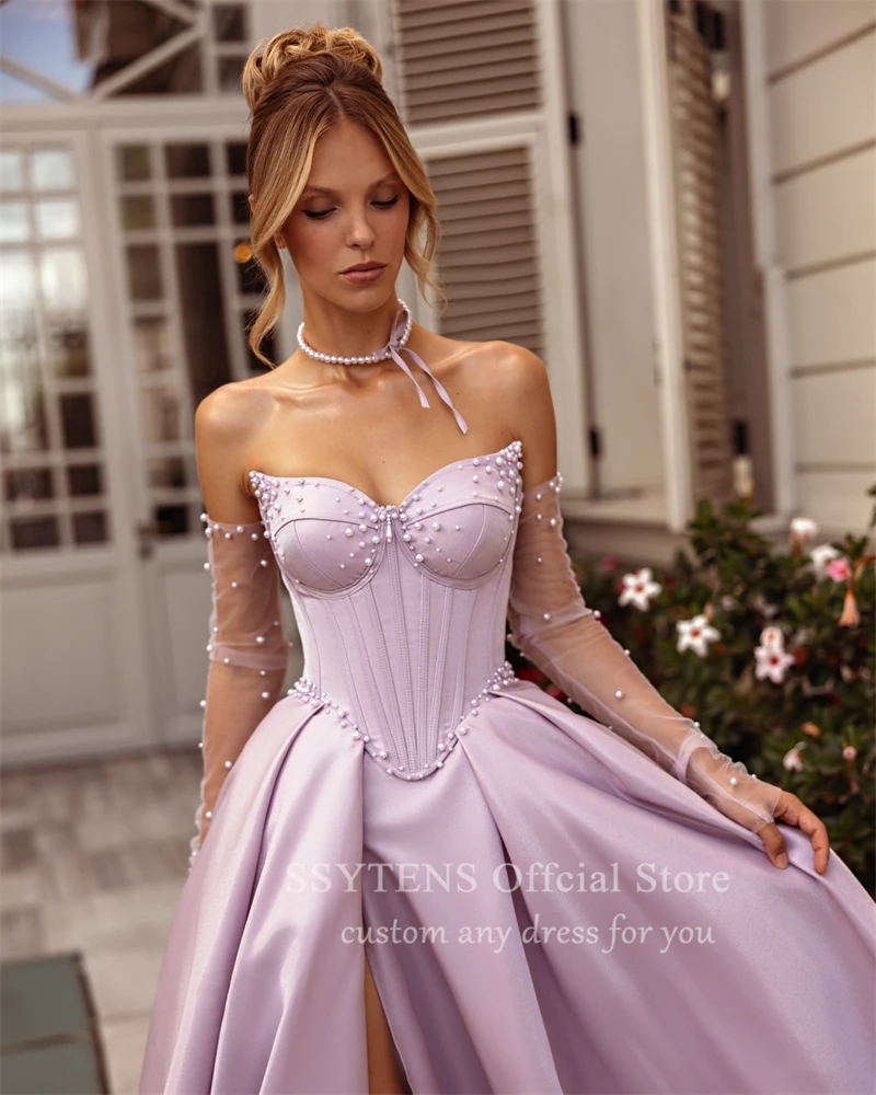 SSYTENS Purple Evening Dresses Sweetheart Pearls Dubai Luxury Prom Gowns Princess Slit Quinceanera Long Formal Event Party Dress