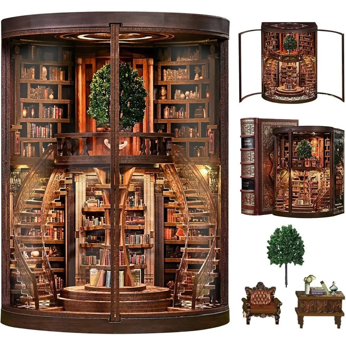 Multi-use Gear Book Nook Kit Tree of Time Library with Dual LED Lights, 356 Pieces DIY Miniature Bookshelf Insert 3D Wooden Puzz