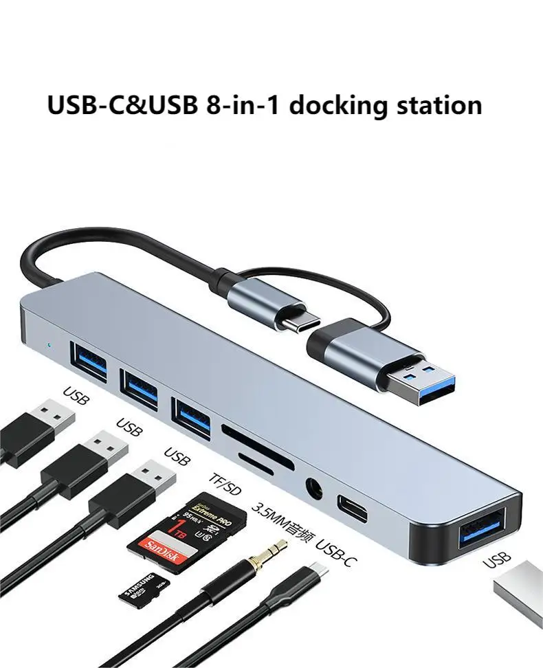 Type-c & USB A two interfaces 8-in-1 SD/TF hub extender multi-function docking station