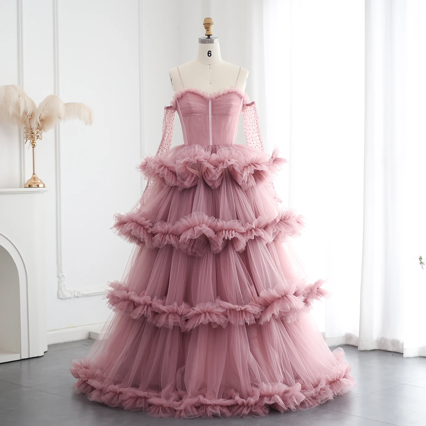 Sharon Said – robe de soirée en Tulle bordeaux, à volants à plusieurs niveaux, avec gants, bretelles Spaghetti roses, robes de soirée de mariage, personnalisées, SF472
