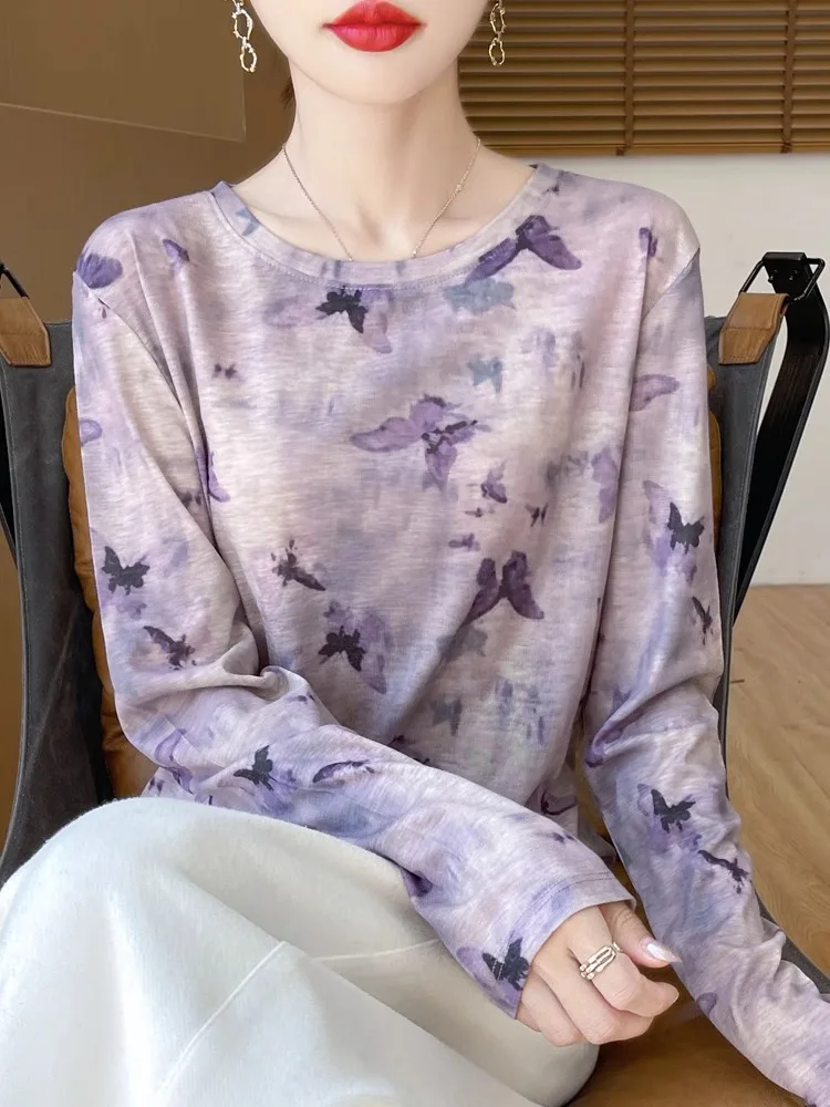 

Весна 2024, женская трикотажная футболка Long Sve, круглый тонкий топ, защита от солнца, внутренняя одежда, водорастворимый принт, корейский слей