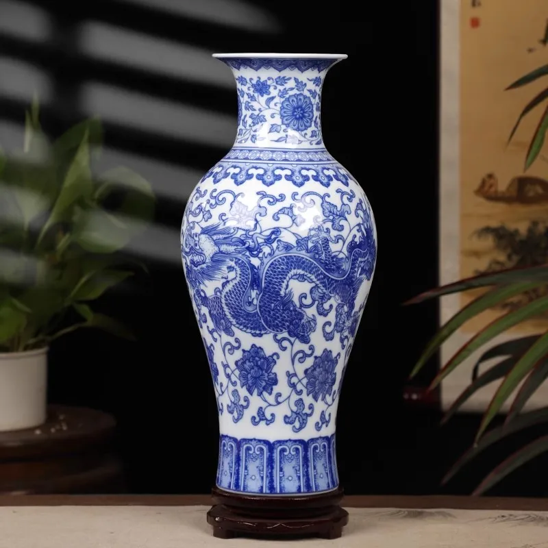 

36cm/Blue and White Porcelain Vase Decoration Home Living Room Flower Arrangement Antique Small Decorative Crafts Jingdezhen Cer