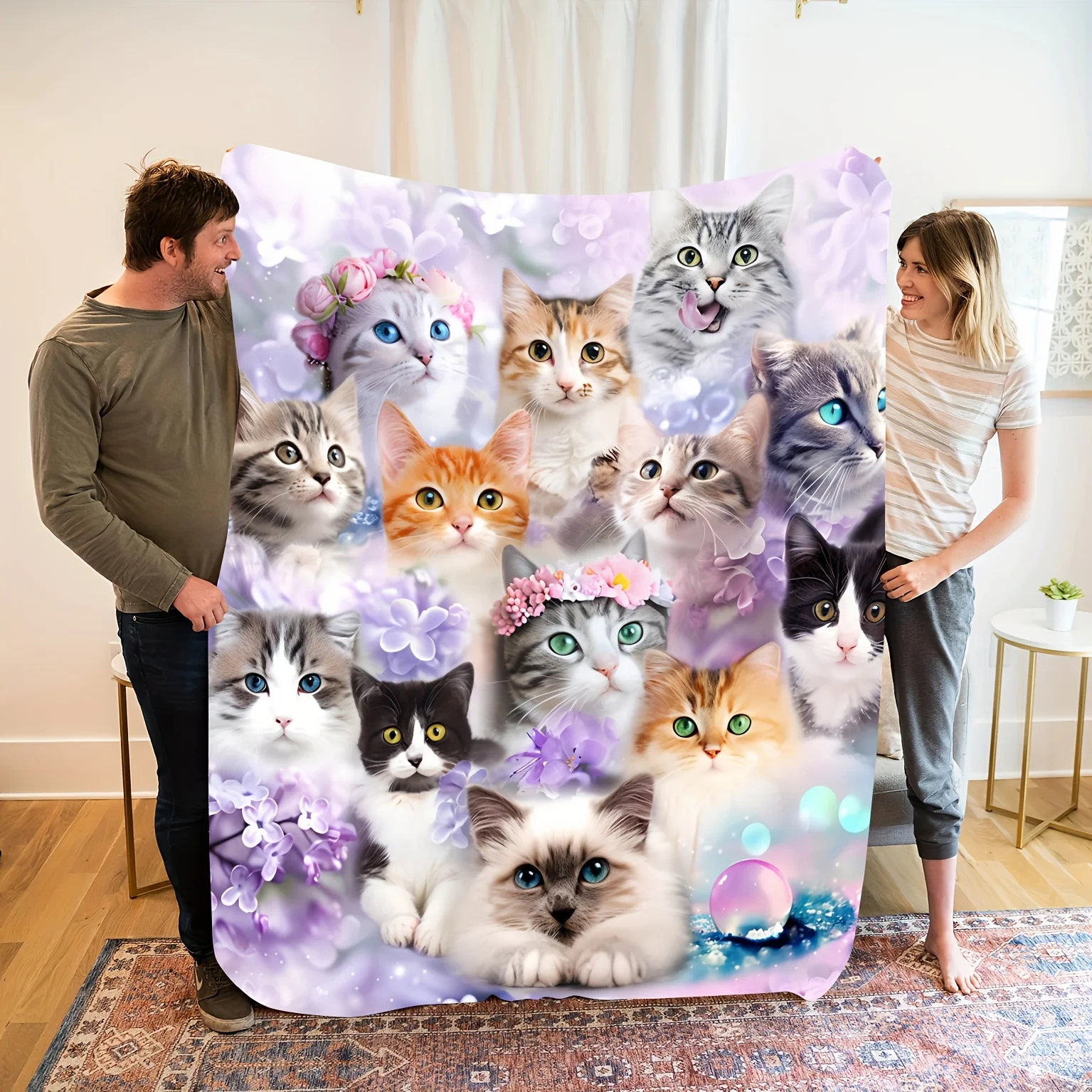 Cozy & Fresh Elegant Multi-Cat with Purple Dreamy Flowers - Soft, Warm Flannel, Ideal for Napping, Camping, Travel & Home Decor
