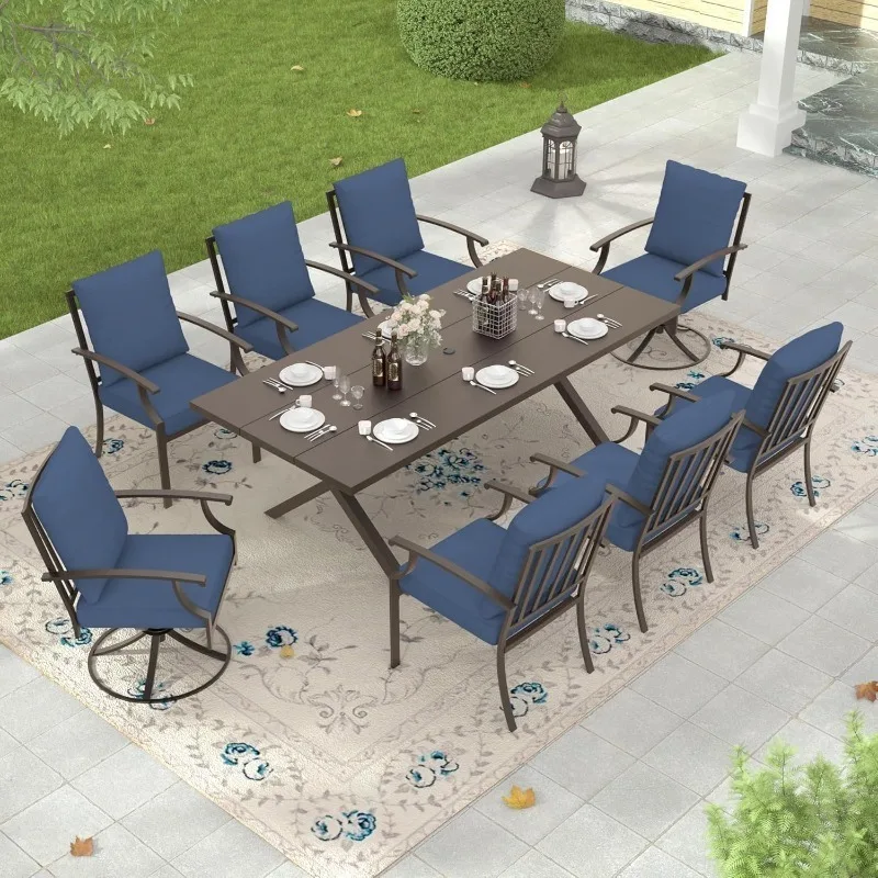 Set da pranzo per esterni da 9 pezzi Set tavolo da pranzo e sedie da patio Set di mobili da esterno con 1 tavolo da pranzo rettangolare in metallo con U