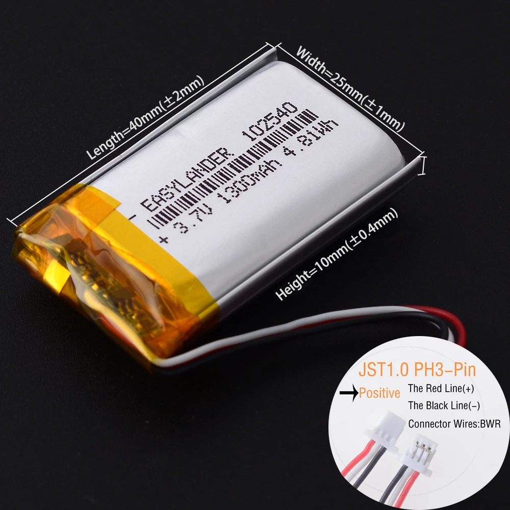 JST SH1.0mm 3Pin 3.7V 1300mAh 102540 Lithium Li-ion Lipo Polymer Battery 302540 402540 502540 602540 702540 802540 902540