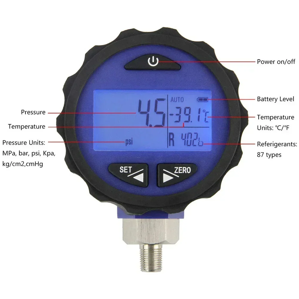 Elitech PG-30Pro Blue Digital Pressure Gauge Refrigeration HVAC for 87+ Refrigerants with Backlight -14.5-500 PSI 1/8'' NPT