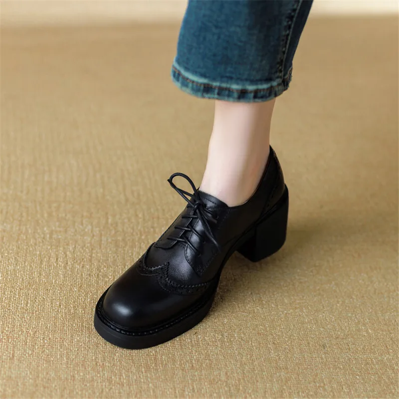 New Spring Cow Leather Women Shoes Round Toe Women Pumps Platform Shoes for Women Zapatos Mujer Lace Up Brogue Designs Loafers