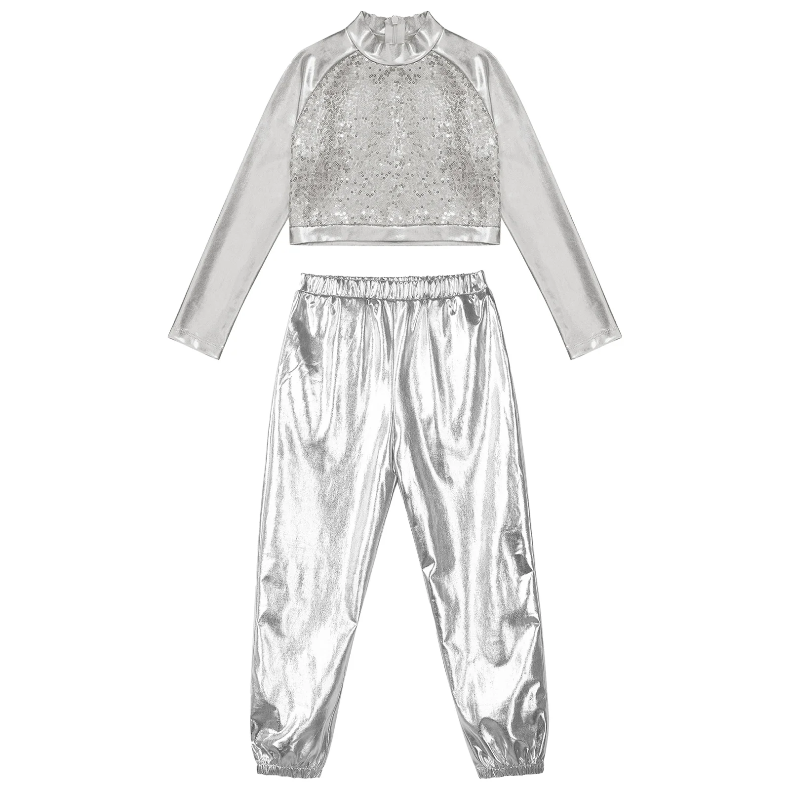 Girls Glossy Metallic Hip Hop Street Dance Outfit Long Sleeve Costumes for Dancing Performance Suit Sequins Jazz Dance Costumes